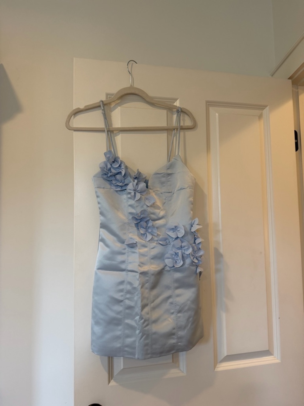 Light Blue Floral Appliqué Satin Mini Dress